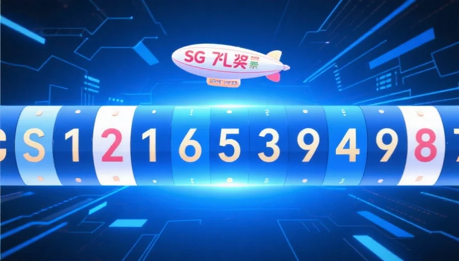 数字滚动的动画效果，中间突出显示着SG飞艇开奖的结果号码，背景为科技感蓝色
